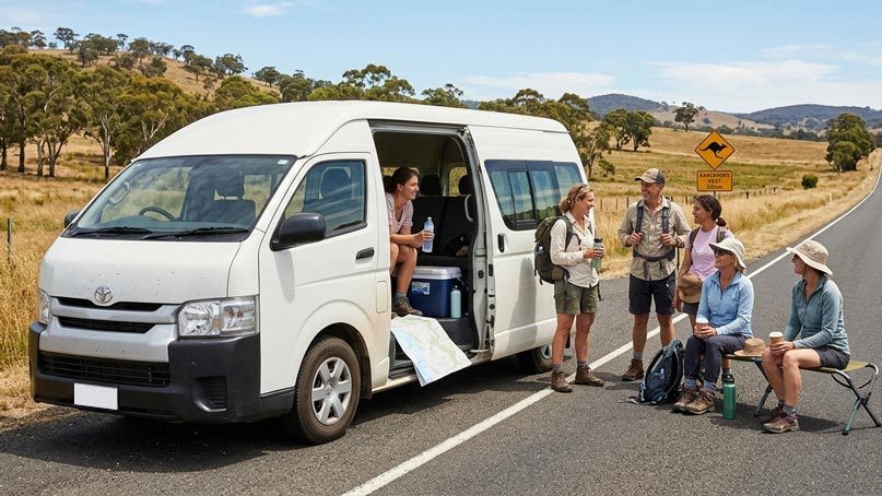 Group travelling in a hired van in Australia